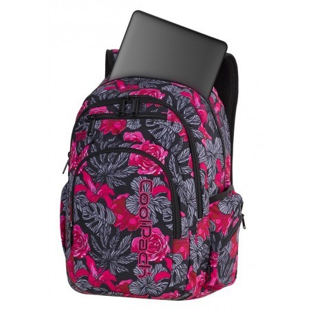 Plecak szkolny CoolPack CP FLASH RED & BLACK FLOWERS hiszpańskie kwiaty kieszeń na laptop - A240 + POMPON GRATIS