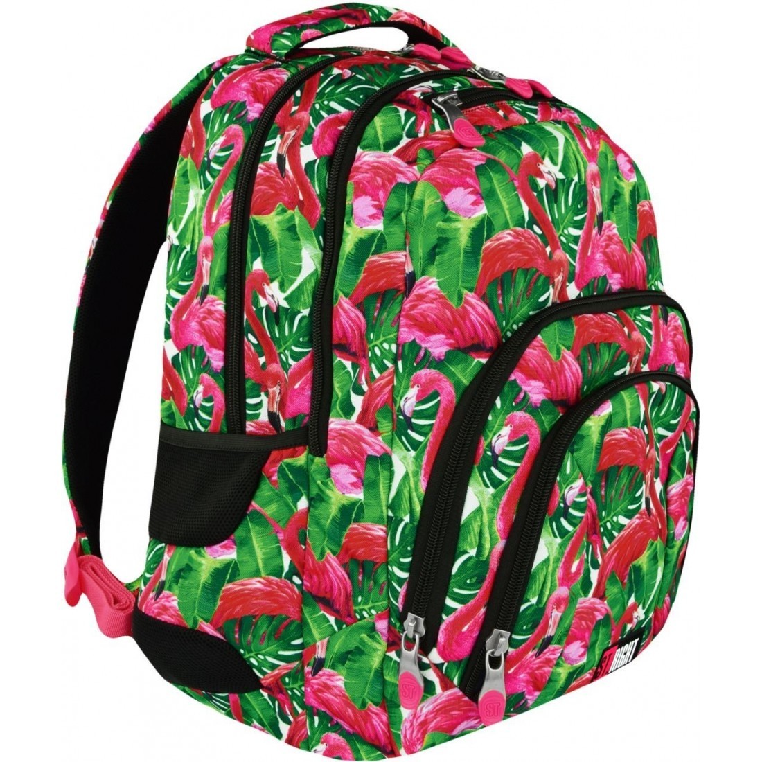 Plecak szkolny ST.RIGHT FLAMINGO PINK & GREEN różowe flamingi - plecak-tornister.pl