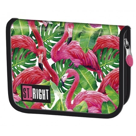Piórnik dwuklapkowy ST.RIGHT FLAMINGO PINK & GREEN różowe flamingi zielone liście - PC03