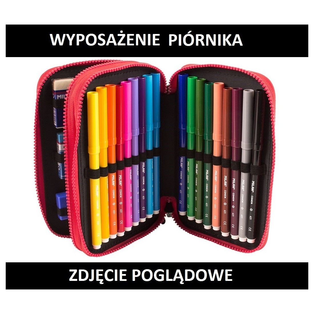 Piórnik MILAN na dwa zamki z wyposażeniem - różowa dzianina jeans - KNIT - plecak-tornister.pl