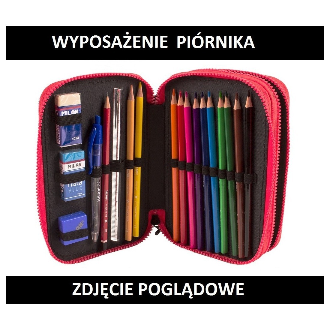 Piórnik MILAN na dwa zamki z wyposażeniem - różowy w trójkąty z kieszonką - GEO - plecak-tornister.pl