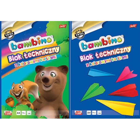 BAMBINO Blok techniczny z kolorowymi kartkami wraz ze złotą i srebrną kartką 10k./A4 - mix wzorów