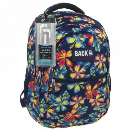 Plecak szkolny 4 przegrody dla dziewczyny w kwiaty + słuchawki - BackUP B 2