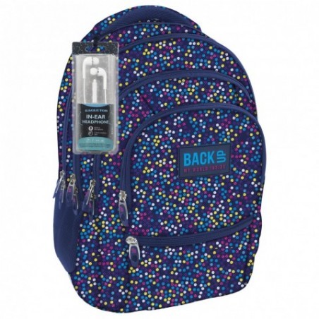 Niebieski plecak w kropki dla dziewczyny + słuchawki BackUP C 3