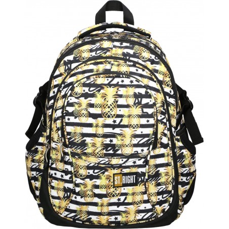 Oryginalny plecak szkolny dla nastolatków ST.RIGHT BP01 z serii Tropical Party w czarno-białe pasy i żółte ananasy