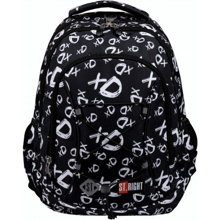 Plecak szkolny czarny BP32 xD w białe ikony na czarnym tle.