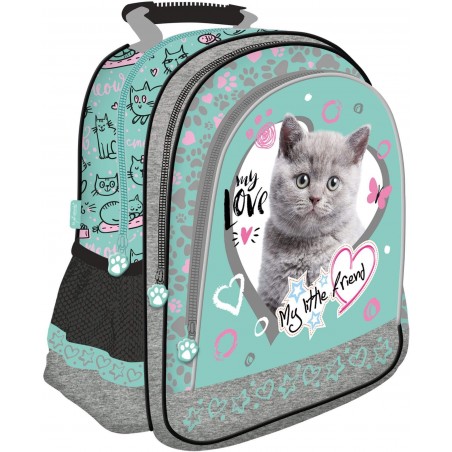 Plecak z kotem do pierwszej klasy MY LITTLE FRIEND miętowy dla dziewczynki