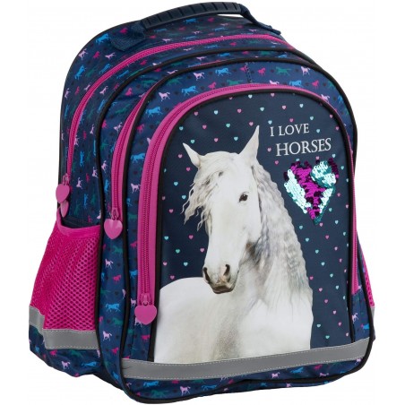 Plecak z koniem do szkoły I LOVE HORSES granatowy z cekinowym sercem